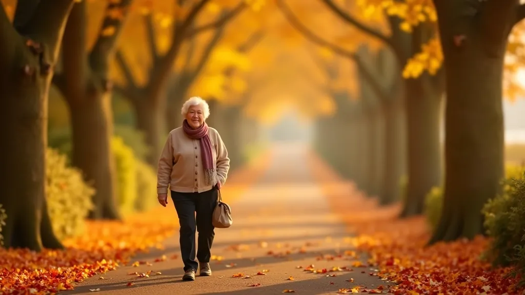 Autumn walking path with golden leaves, person in layers enjoying crisp weather, afternoon light through trees