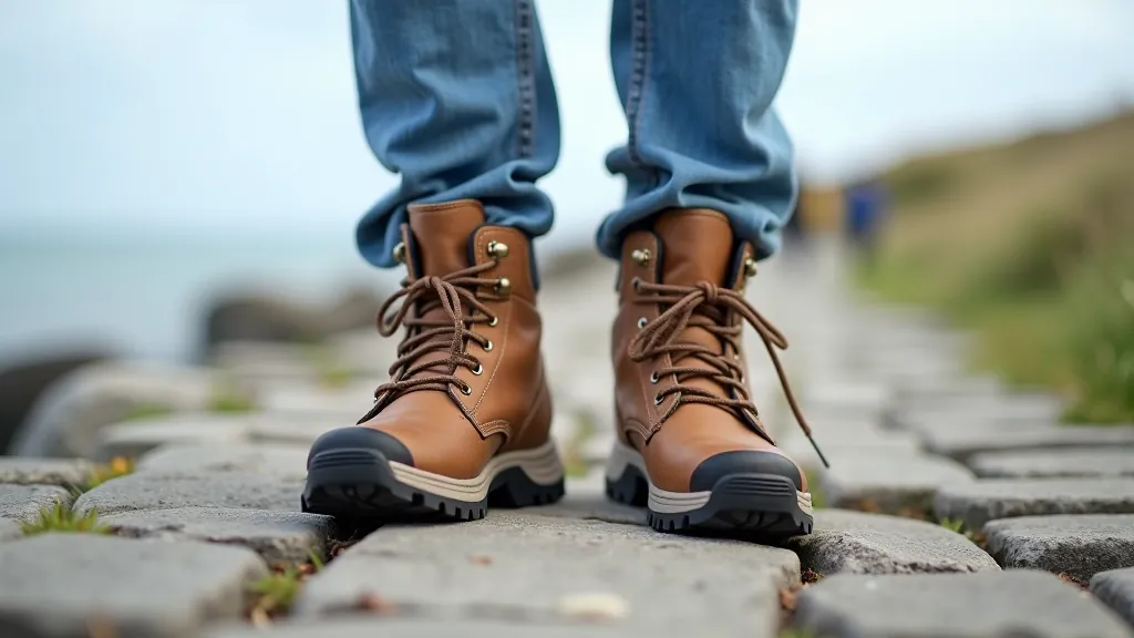 Close-up of hiking boots on a coastal stone path with sea in background, professional outdoor photography