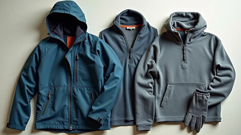 Flat lay of walking clothing items arranged neatly: jacket, base layer, fleece, hat, and gloves on neutral background