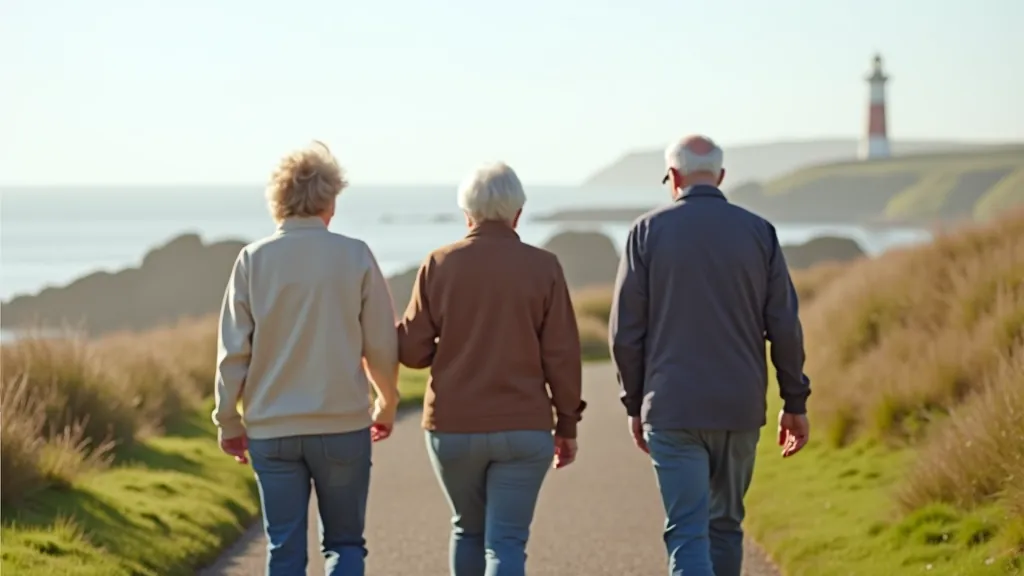 Group of active seniors enjoying a guided coastal walk on a scenic Dublin pathway