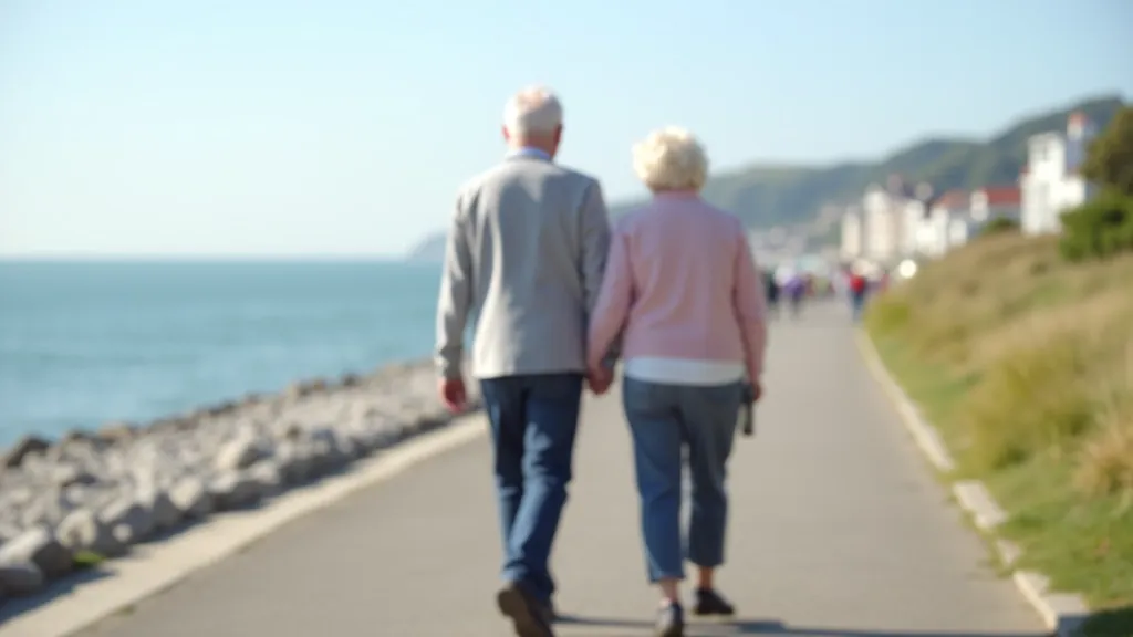Older couple walking together along a peaceful coastal path with sea views and blue sky