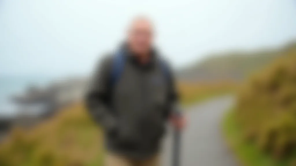 Older person aged 65-70 in practical walking clothes, smiling while holding walking pole on coastal path, blue water background