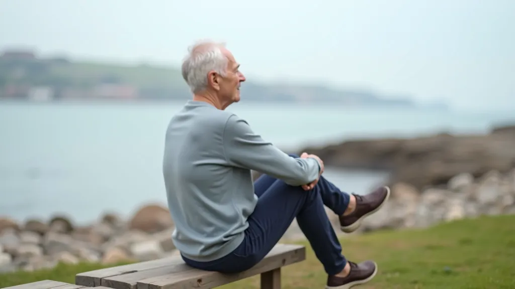 Older person sitting on bench overlooking coastal water with comfortable walking shoes visible