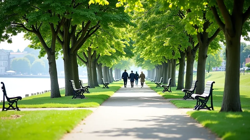 Peaceful scene of people walking on paved path with benches, trees, and calm water reflection nearby
