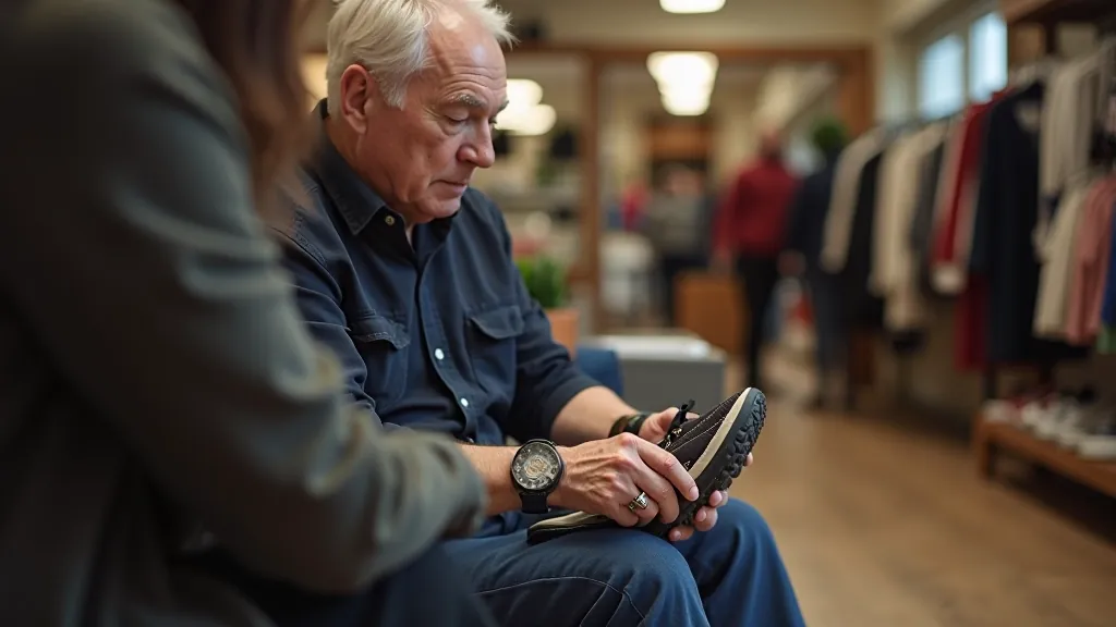 Person trying on walking shoes in a comfortable sitting position inside a retail shop