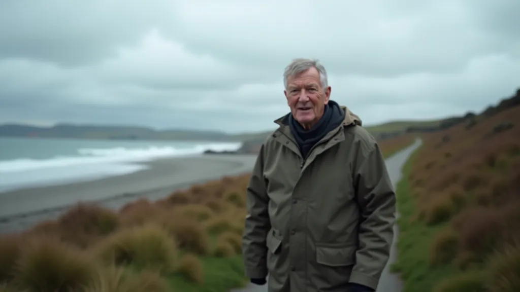 Person walking along coastal path with dramatic sky and changing weather conditions