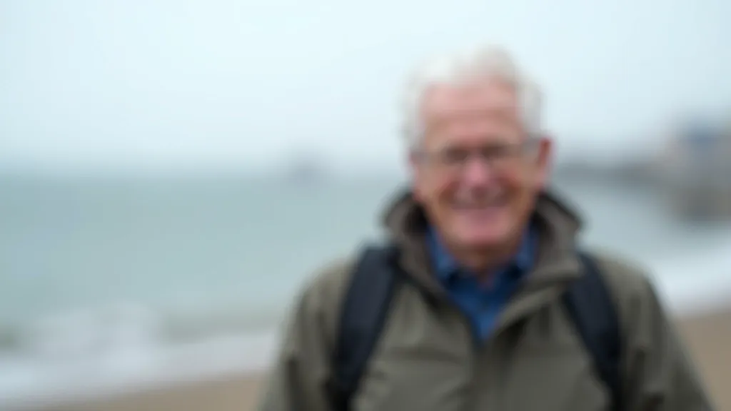Person wearing comfortable walking gear standing on beach looking at water, enjoying peaceful moment