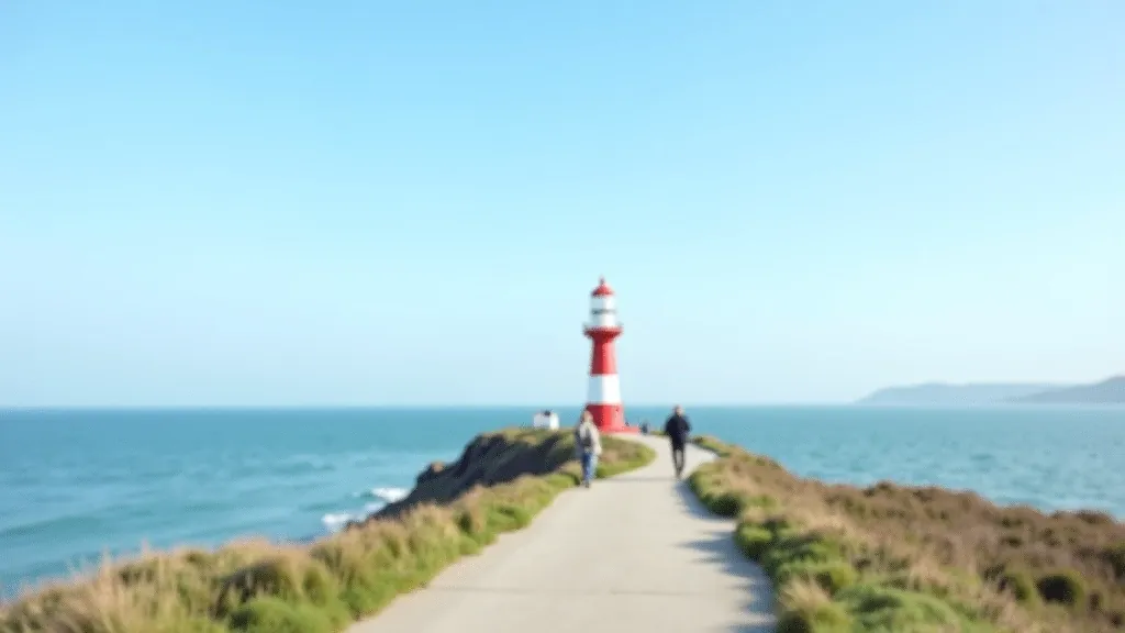 Historic red and white striped Poolbeg lighthouse tower standing on coastal promontory with blue sea