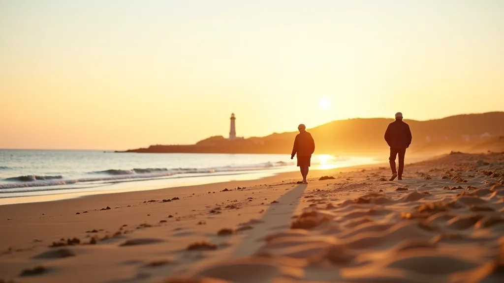 Sandymount Strand beach with golden sand stretching toward distant pier and lighthouse structure