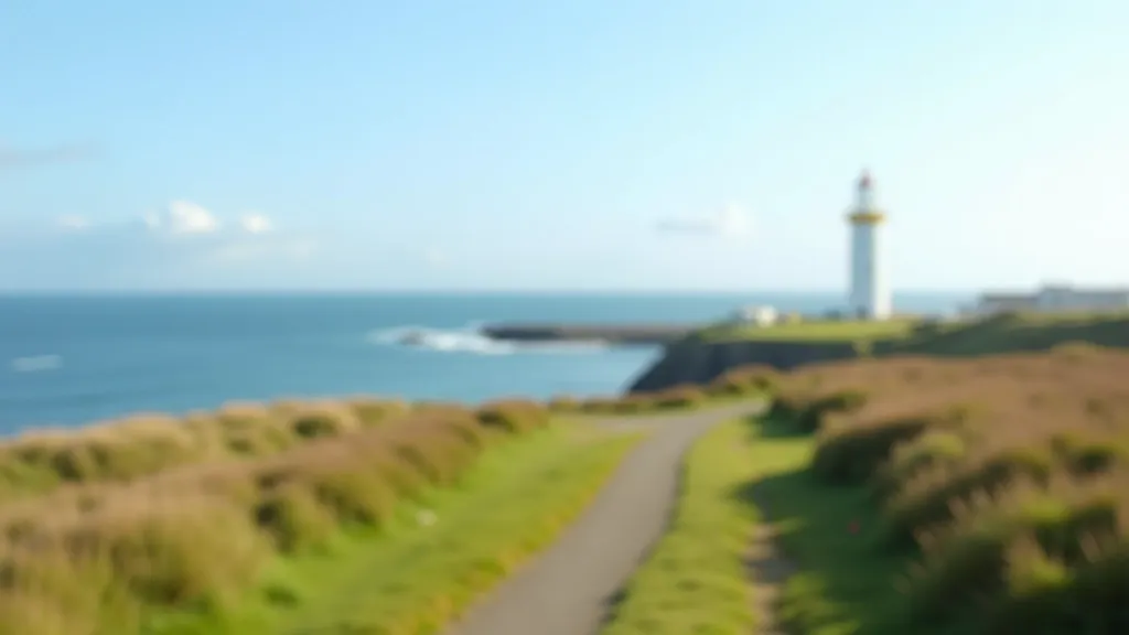 Wide panoramic view of Poolbeg peninsula with lighthouse visible in the distance, Dublin Bay waters and clear sky