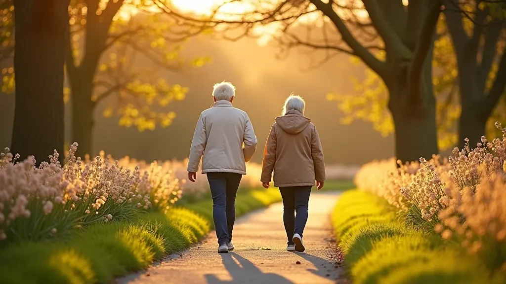 Spring flowers blooming along walking path with people in light jackets, morning light filtering through trees