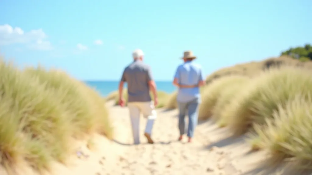 Summer beach path with clear skies and people in t-shirts walking comfortably in warm weather