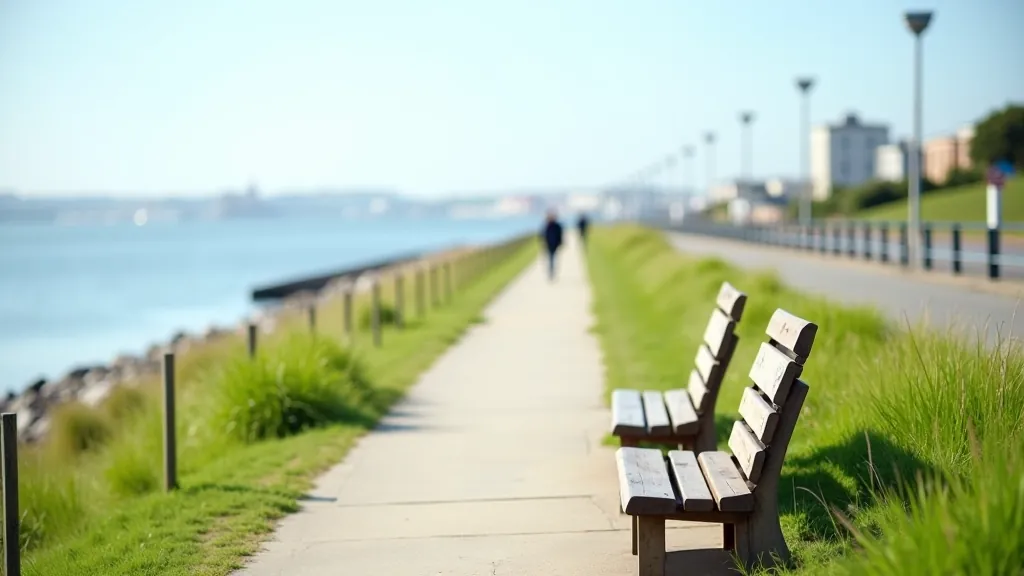 Peaceful walking path along Dublin Bay waterfront with benches for resting, green grass verge and calm blue water