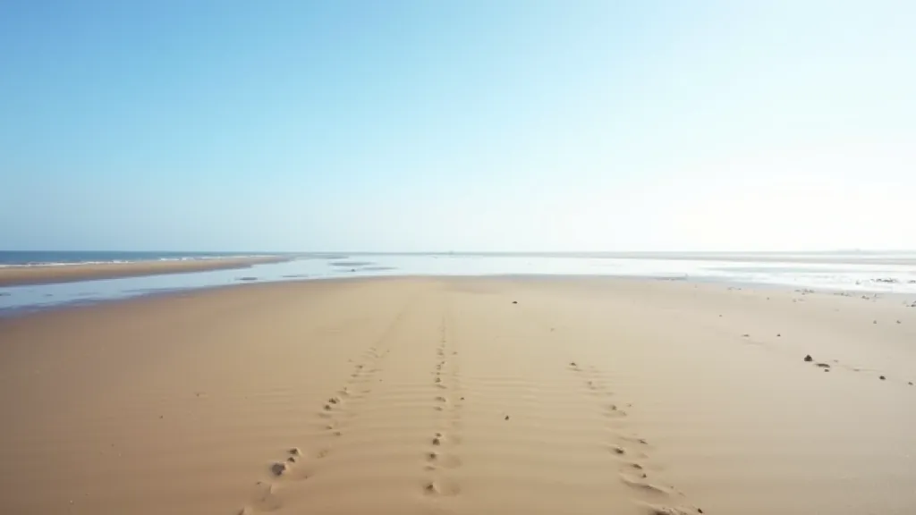 Wide expanse of golden sand at Sandymount Strand stretching to horizon with distant lighthouse visible