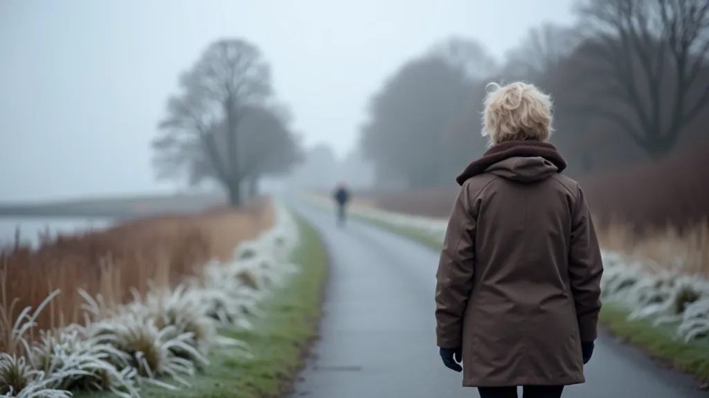 Winter walking scene with person in warm coat and layers, overcast sky, some frost on ground