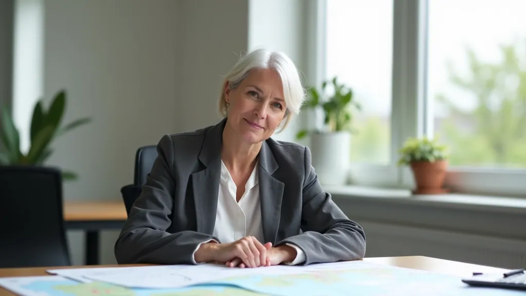 Siobhan O'Sullivan working at her desk in a modern office, reviewing walking route maps and accessibility notes